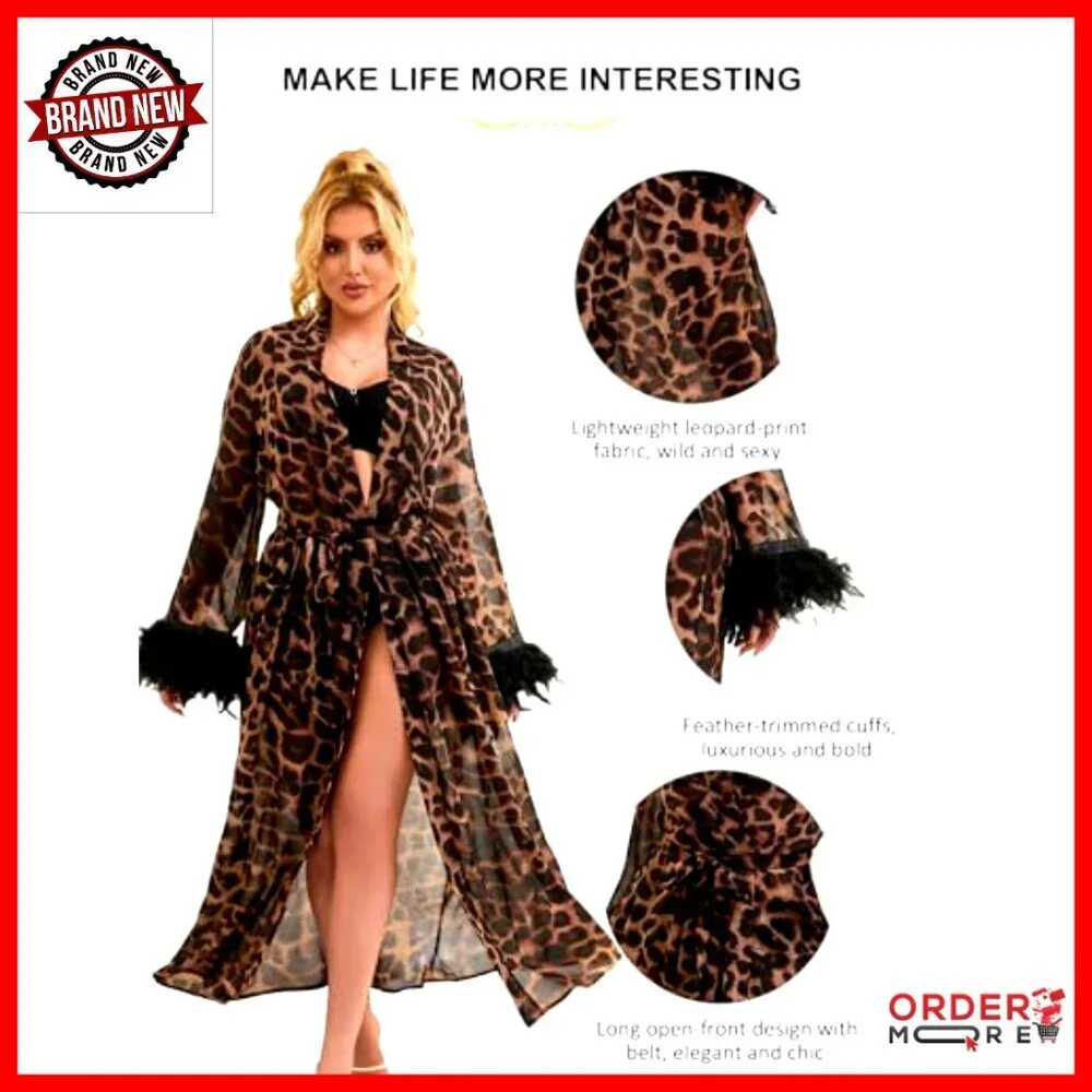Leopard Print Lace Kimono Robe with Feather Trim, Long Open Front